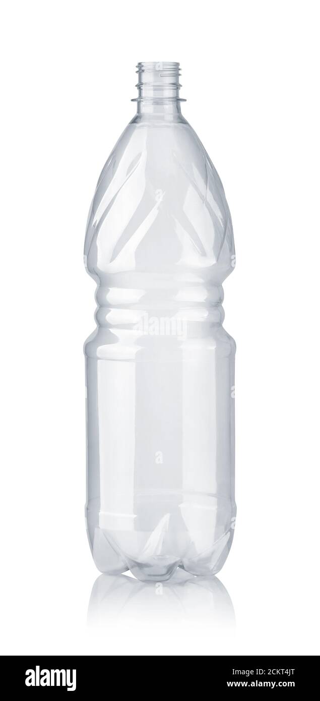 Vorderansicht der leeren PET-Kunststoffflasche isoliert auf Weiß Stockfoto