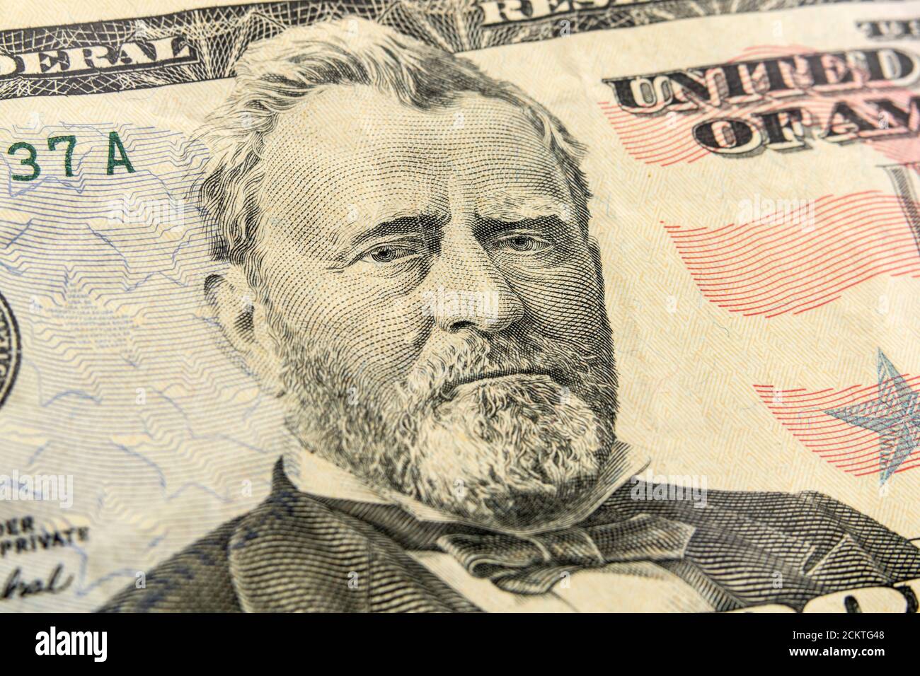 Makroansicht von Präsident und General Ulysses Grant über den 50-Dollar-Schein der USA. Stockfoto