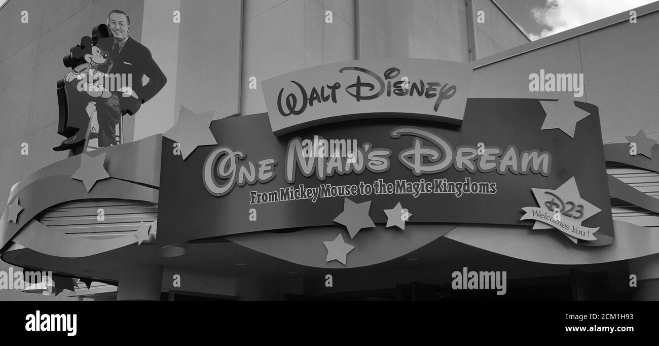 Walt Disney: One man's Dream Schild in Disney's Hollywood Studios, Walt Disney World, Orlando, Florida, USA Stockfoto