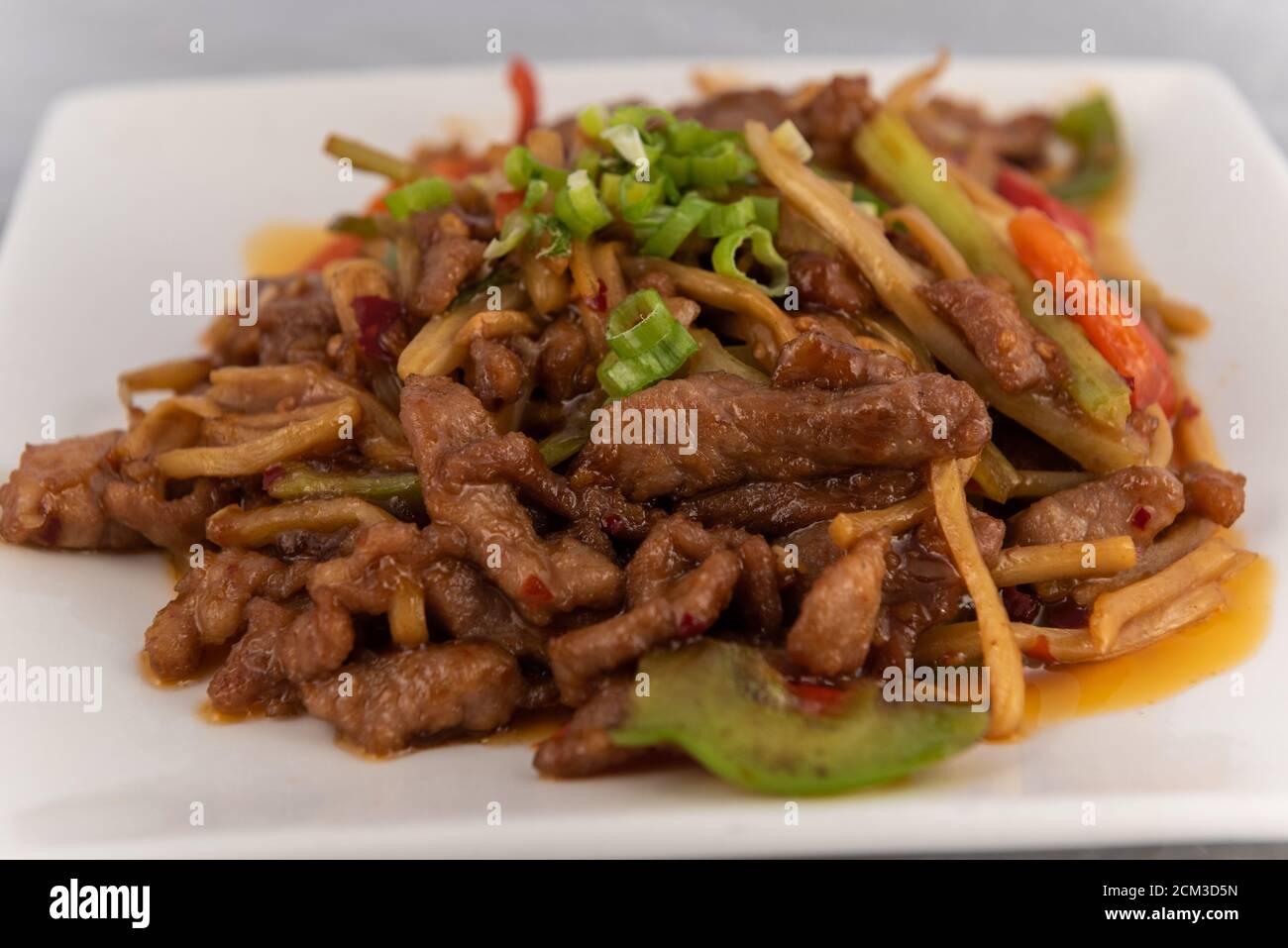 Detailansicht von appetitlichen Teller verlockend die Geschmacksnerven mit Pork Szechuan Stil in perfekter Serviergröße. Stockfoto