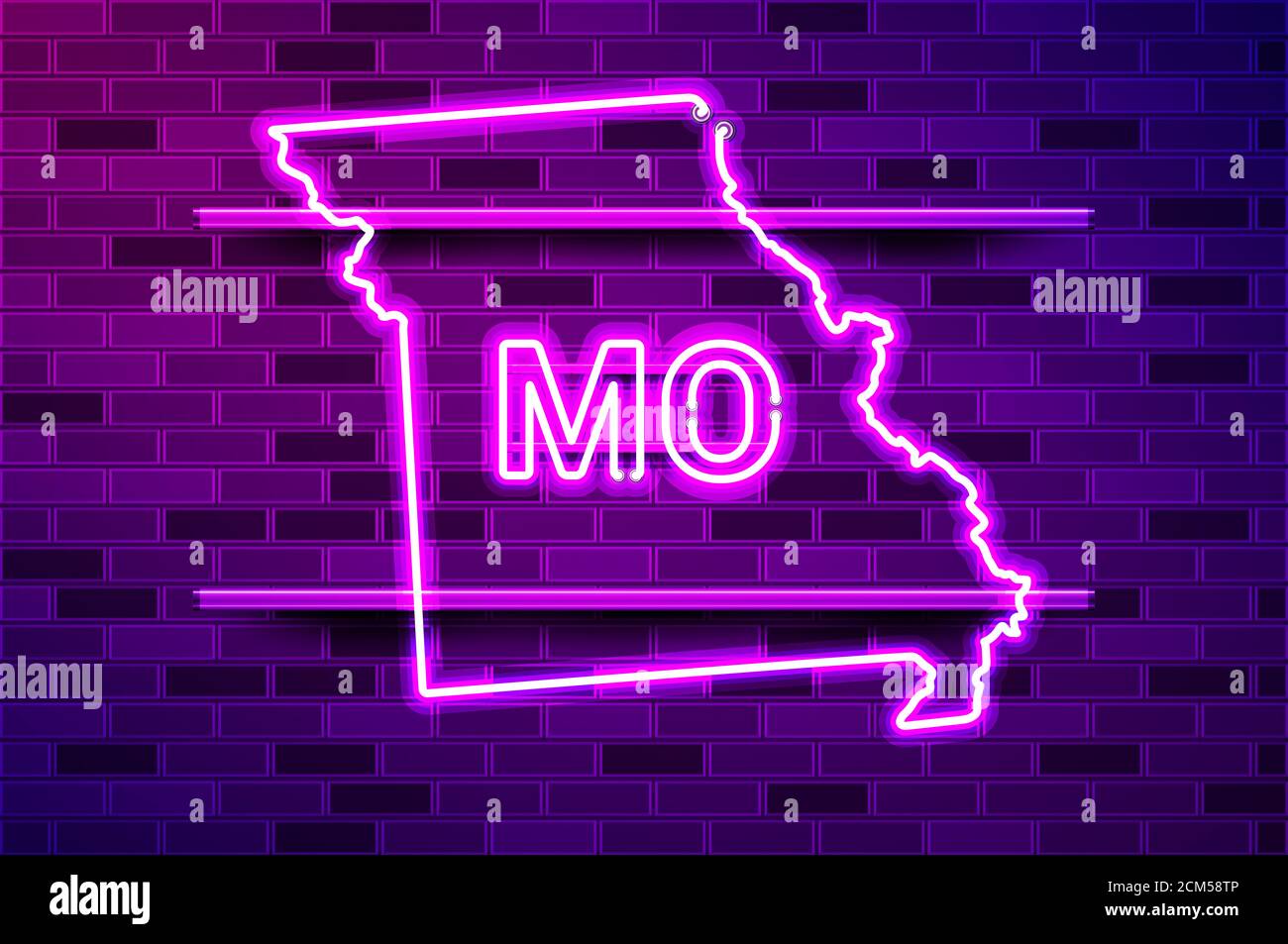 Missouri US Staat glühenden Neon Lampe Zeichen. Realistische Darstellung. Lila Ziegelwand, violette Glow, Metallhalter. Stockfoto