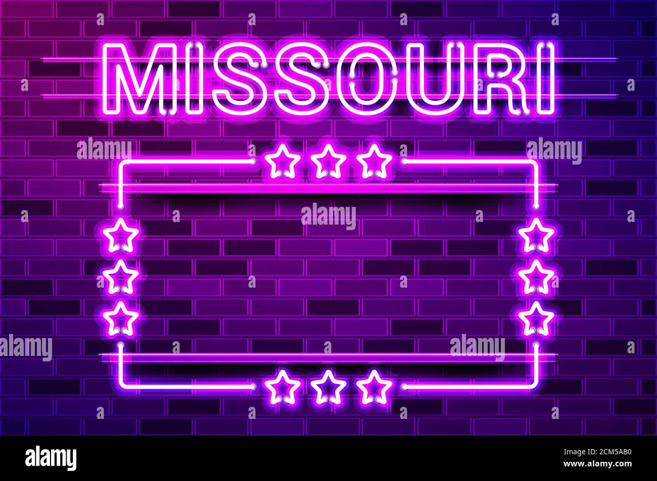 Missouri US State leuchtend lila Neon Schriftzug und ein rechteckiger Rahmen mit Sternen. Realistische Darstellung. Lila Ziegelwand, violette Glut, Metallgriff Stockfoto