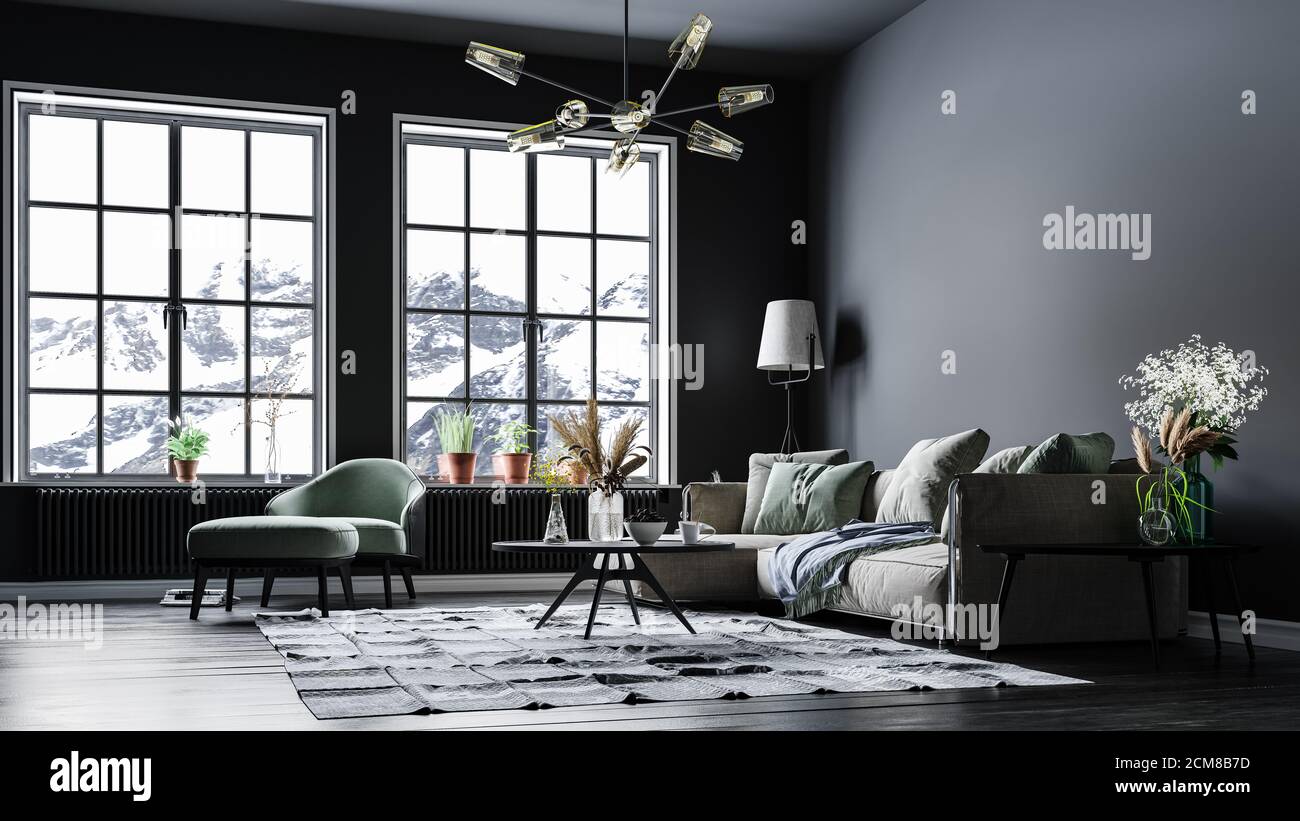 Moderne Inneneinrichtung, in einem geräumigen Zimmer, neben einem Tisch mit Blumen an einer grauen Wand. Helles, geräumiges Zimmer mit einem bequemen Sofa, Pflanzen und Stockfoto