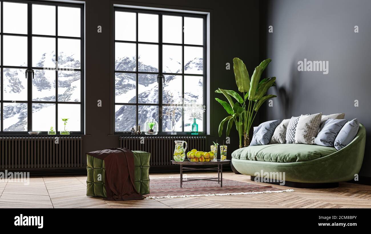 Moderne Inneneinrichtung, in einem geräumigen Zimmer, neben einem Tisch mit Blumen an einer grauen Wand. Helles, geräumiges Zimmer mit einem bequemen Sofa, Pflanzen und Stockfoto