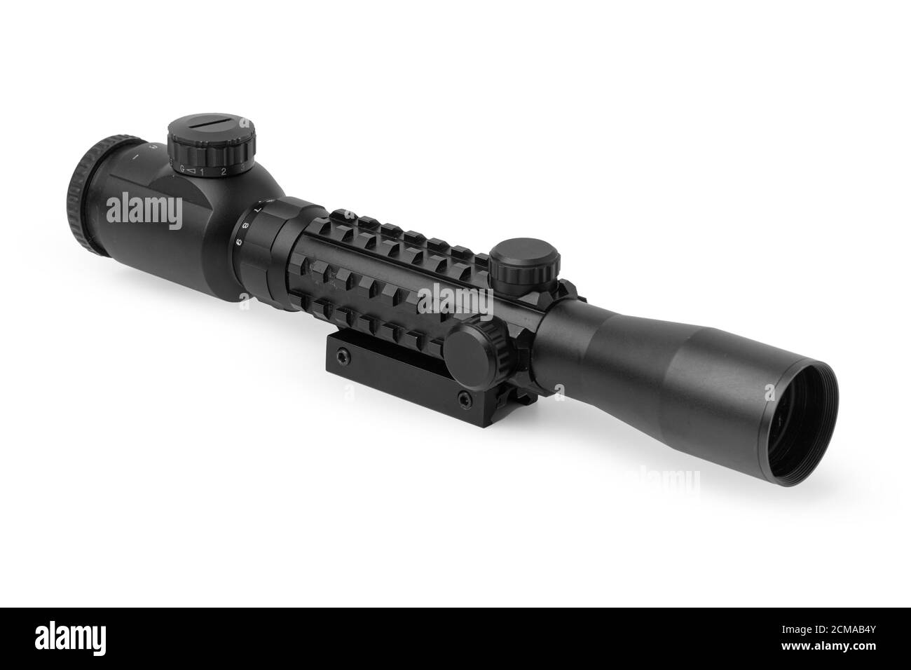 Schwarzes optisches Oszilloskop für Waffe isoliert auf Weiß Stockfoto