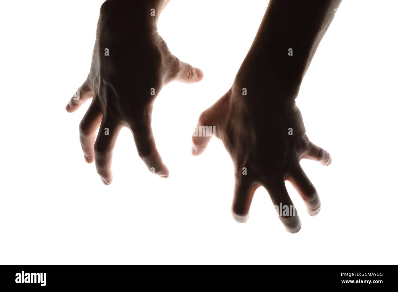 Beängstigende menschliche Hände isoliert auf weißem Hintergrund Stockfoto