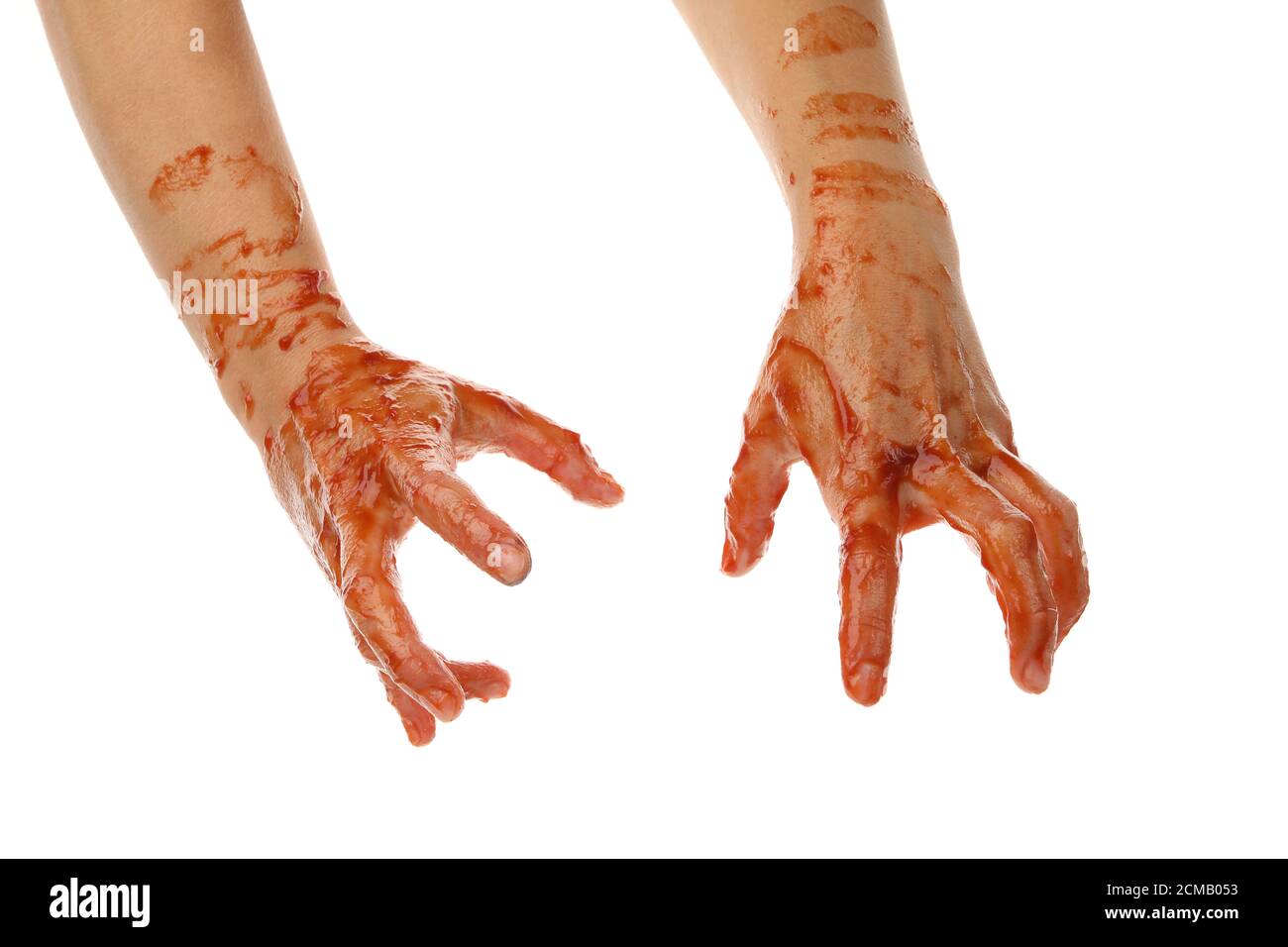 Blut Zombie Hände isoliert auf weißem Hintergrund Stockfoto