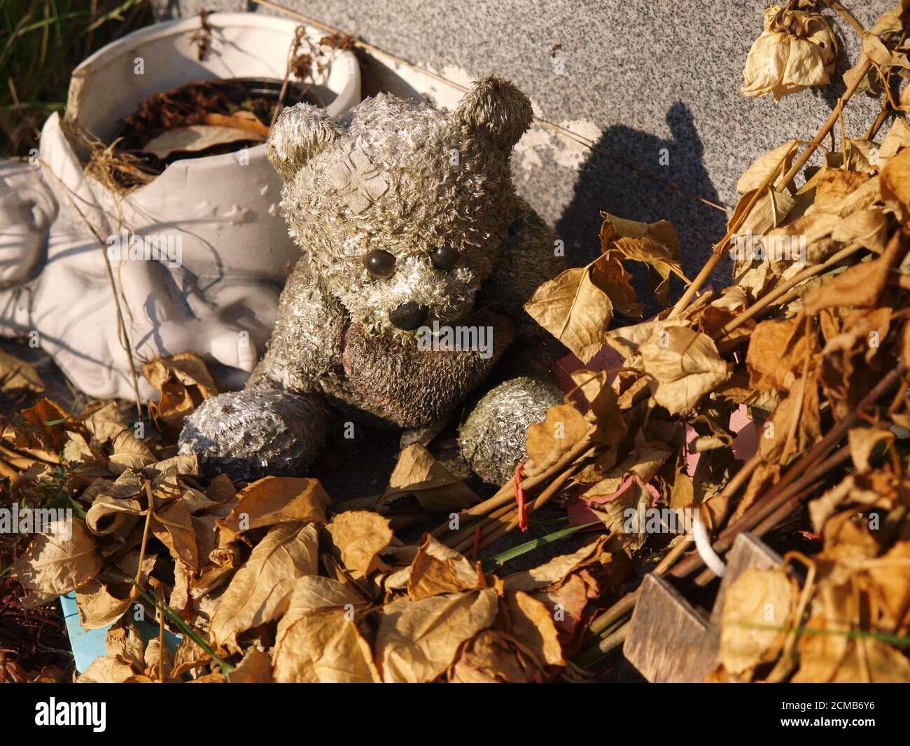 Teddybär an einer Grabseite gefunden Stockfoto