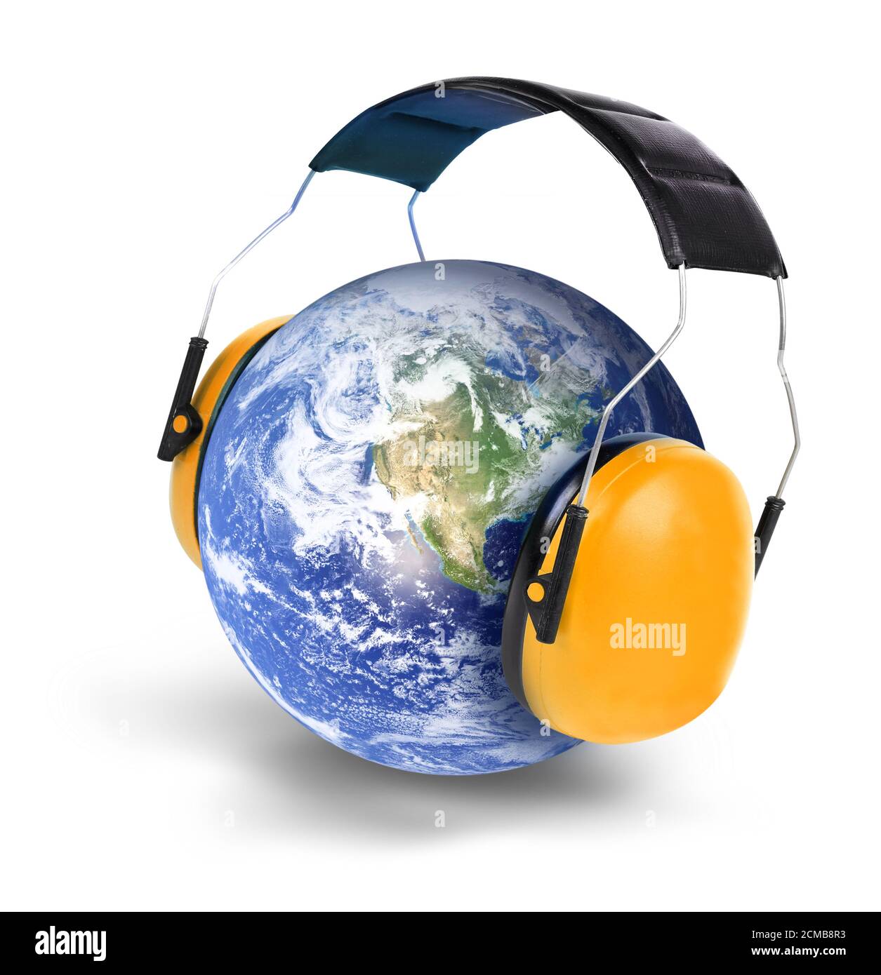 Lärmschutzkonzept Planet Erde mit Gehörschutz isoliert weiß Hintergrund Stockfoto