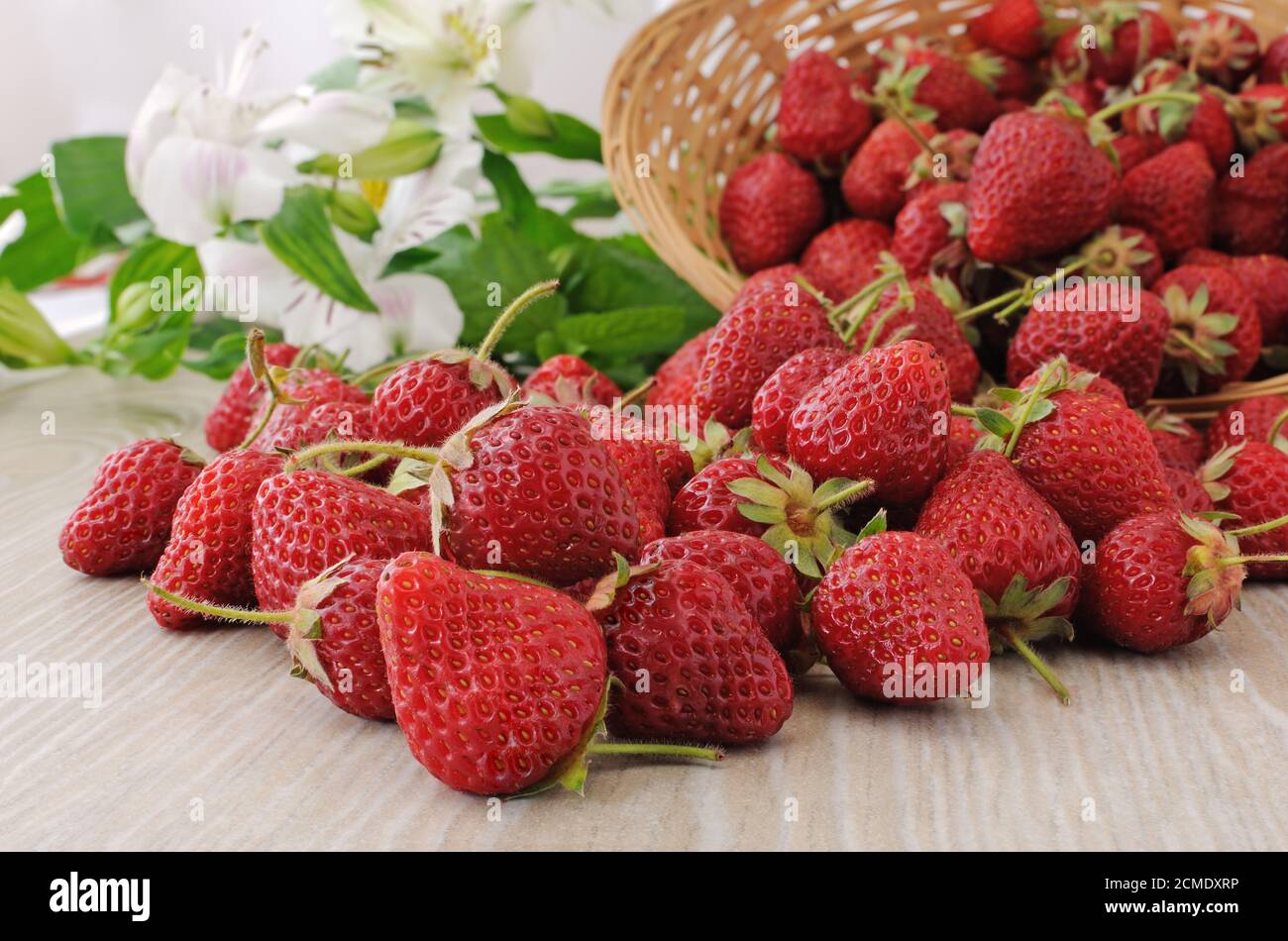 Körbe mit Erdbeeren aus nächster Nähe auf den Tisch gestreut Stockfoto