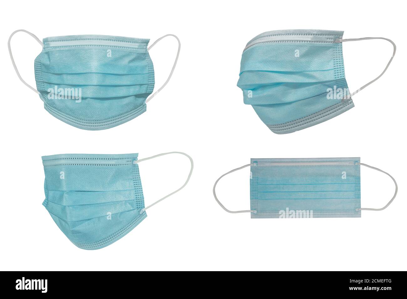 Operationsmaske mit Gummi-Ohrbändern. Typische 3-lagige Operationsmaske zur Abdeckung von Mund und Nase. Verfahrensmaske von Bakterien. Schutzkonzept. Stockfoto