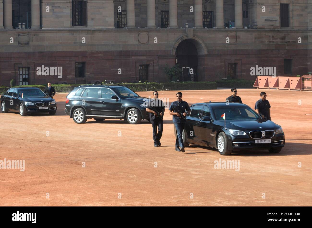 Die Motokade von Premierminister Narendra Modi wird von Kommandos der Sonderschutzgruppe (SPG) in Neu-Delhi gesichert. Foto: Sondeep Shankar Stockfoto