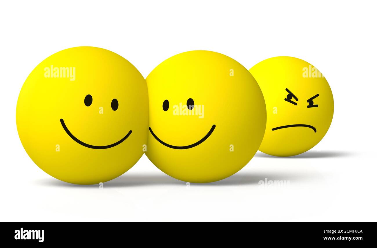 Zwei 3D-Emoji-Charaktere Coule ist glücklich, dritte ist beneiden, weißen Hintergrund, Schlagschatten Stockfoto