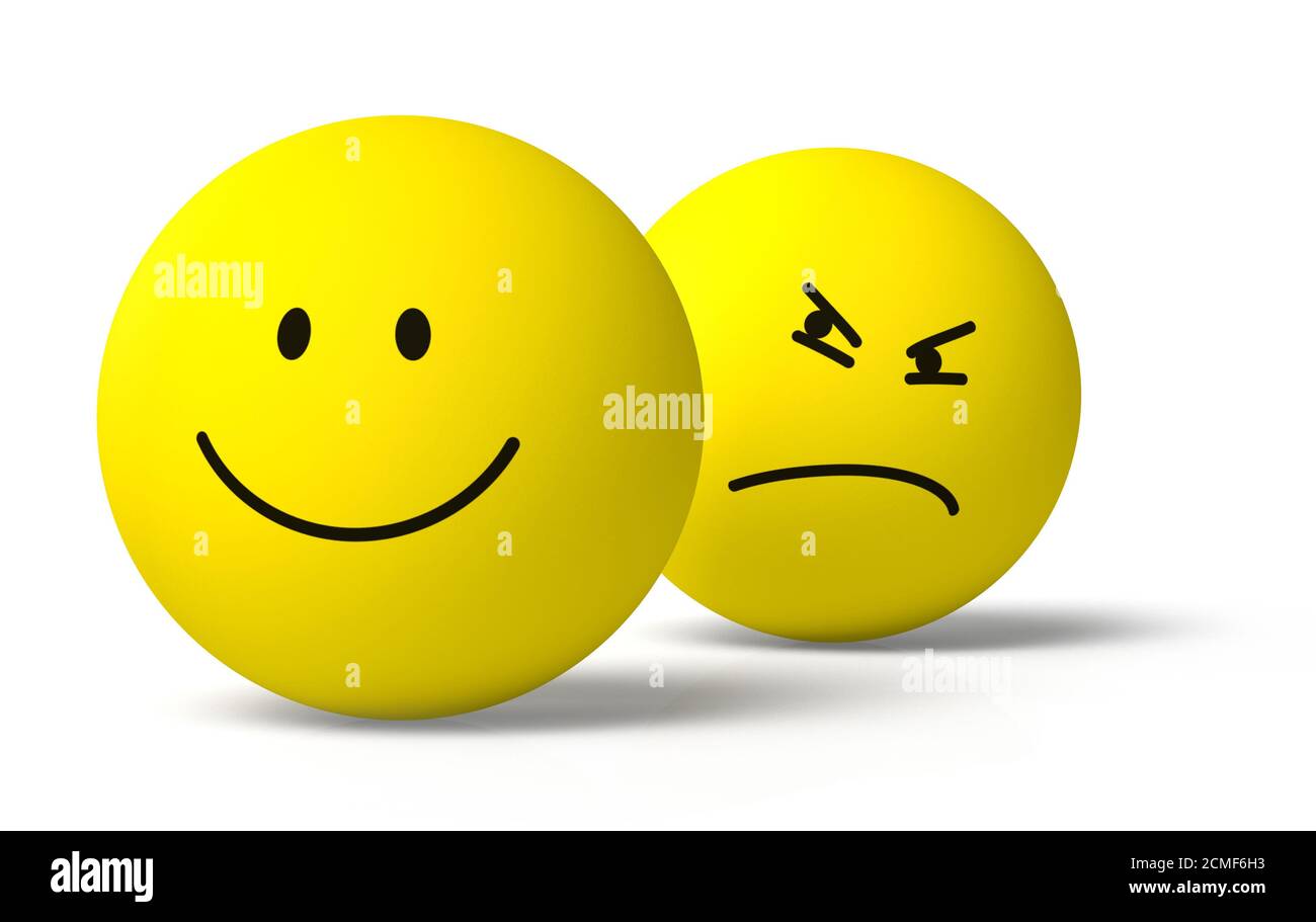 Zwei 3D-Emoji-Zeichen, eine beneiden glücklichen Freund, weißer Hintergrund, Schlagschatten Stockfoto