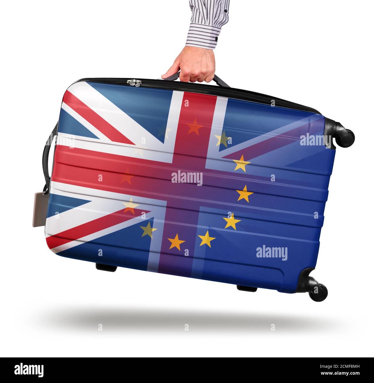 Hand hält moderne Koffer Union Jack Design. Verlassen EU isoliert auf weißen Brexit-Konzept Stockfoto