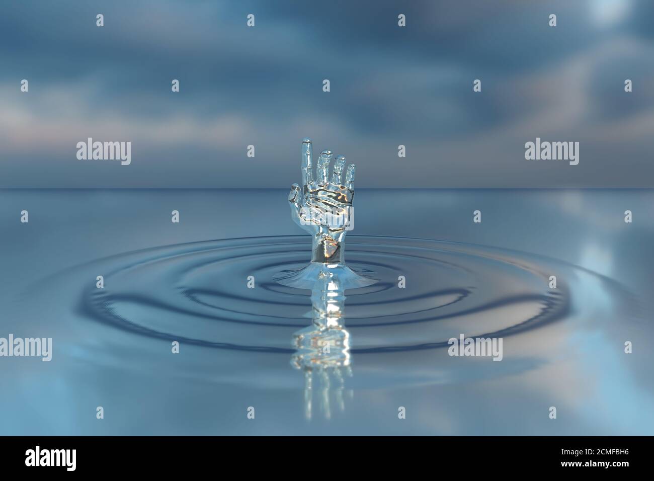Die Hand kommt aus dem Wasser. Abstraktes Design. 3d-Illustration. Stockfoto