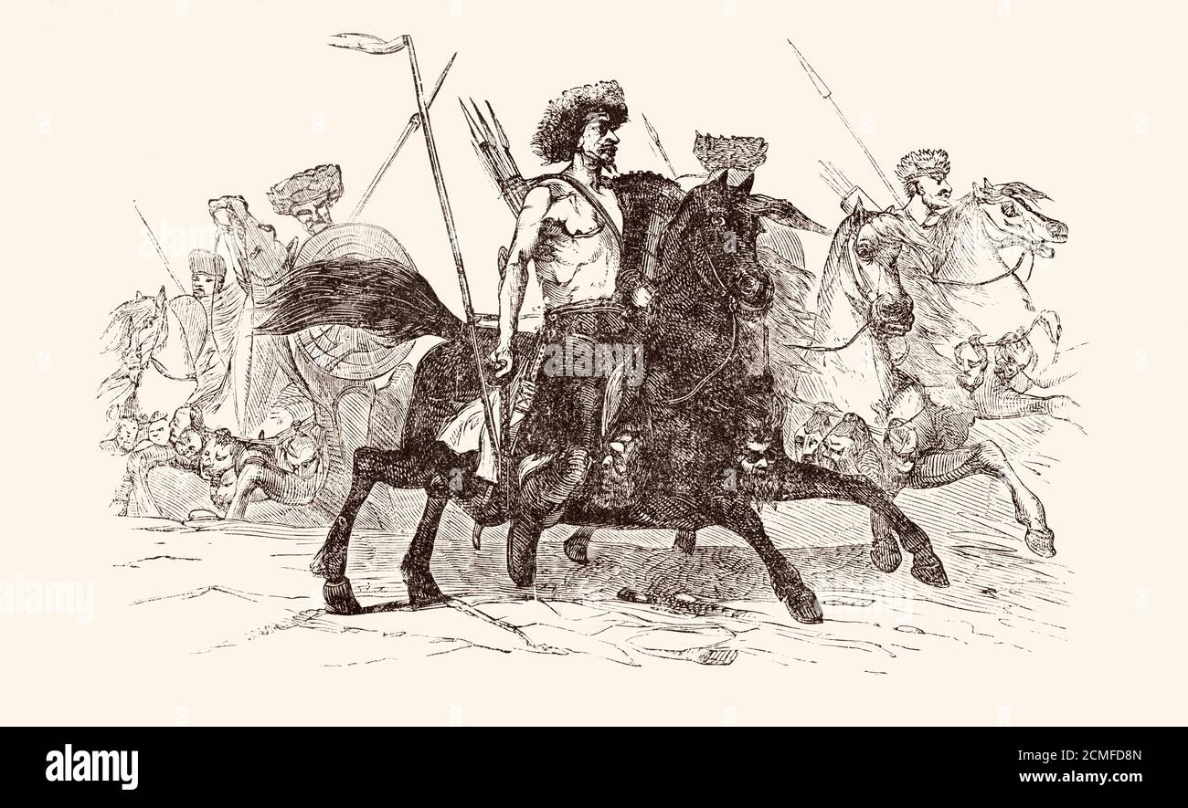 Attila the Hun, c. 406 - c. 453. Führer der Hunnen, die schließlich ein Stammesreich führte, das Ostgoten und Alanen einschloss. Nach einer Illustration in Johnson´s Natural History, veröffentlicht 1869. Stockfoto