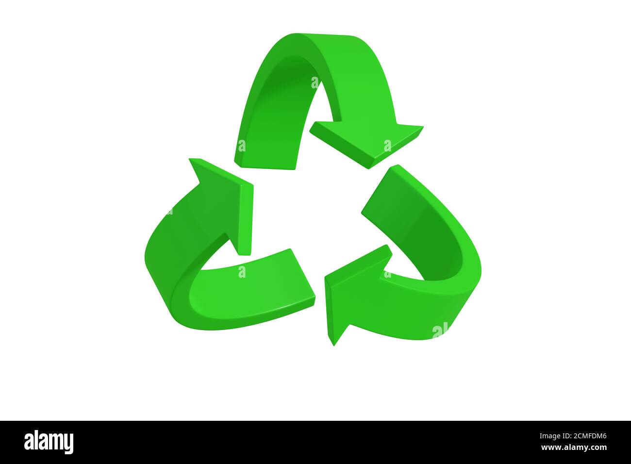 Grünes Recycling-Symbol in drei Dimensionen isoliert auf weißem Hintergrund. 3d-Illustration. Stockfoto