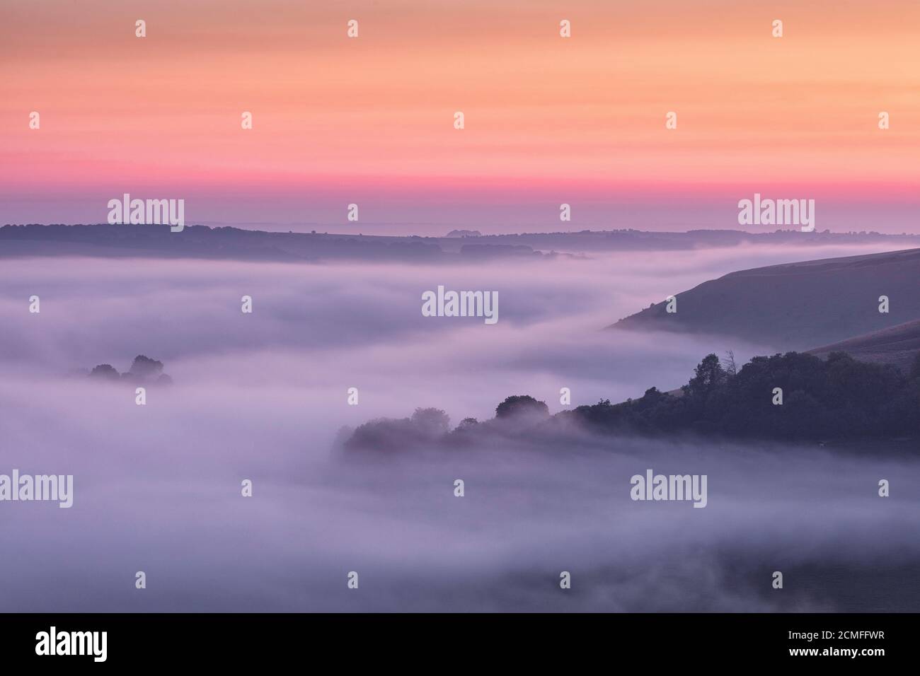 Dawn Mist über Cranborne Chase von Win Green Hill, Wiltshire, England, Großbritannien Stockfoto