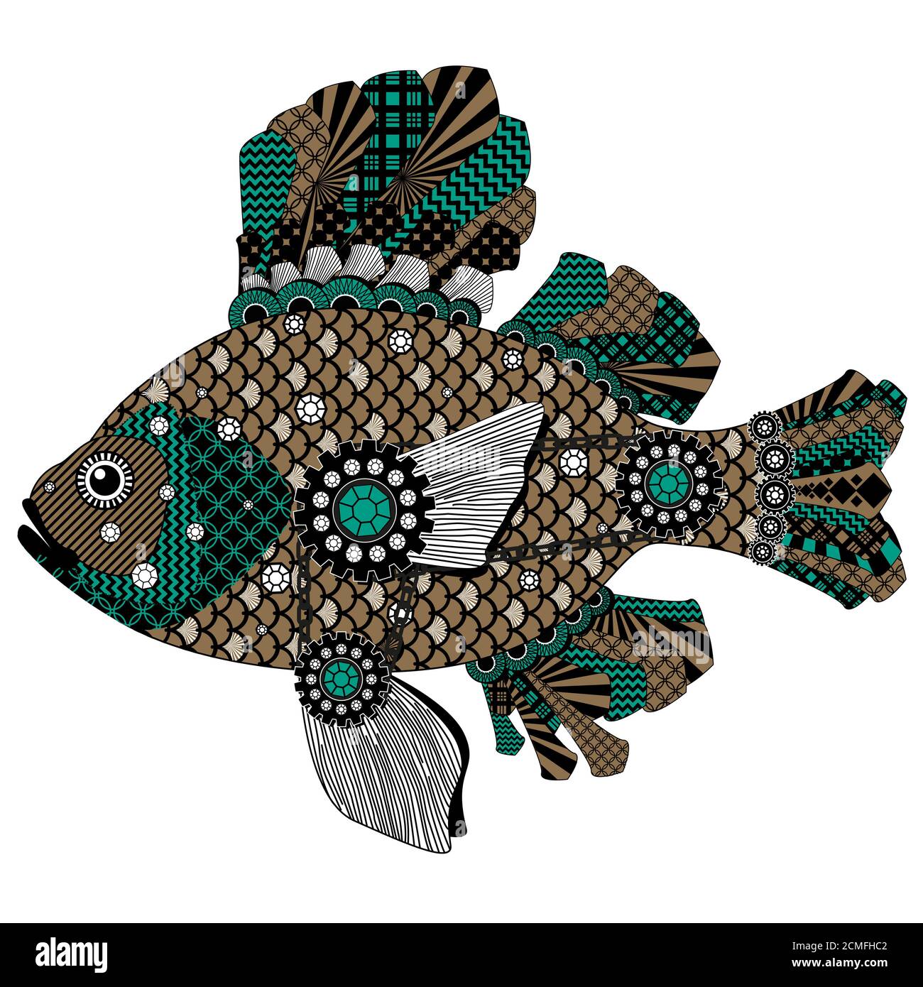 Bunt stilisierte Fische in Schwarz, Grün und Braun. Bitmap im billigen populären Stil. Stockfoto