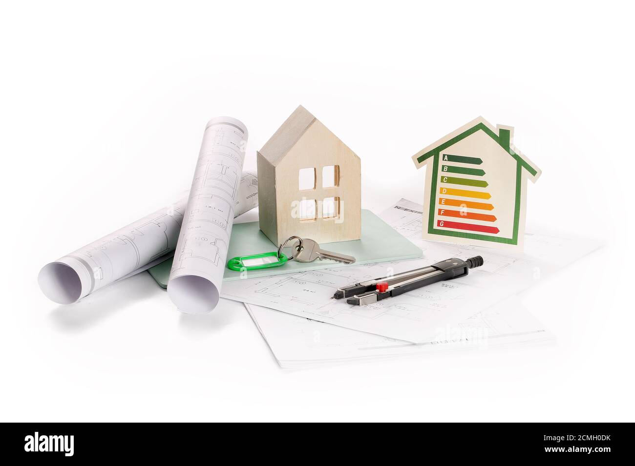 Immobilienprojekt, grün, Haus, Ökologie, Energieleistung, Banner, Energiebilanz Stockfoto