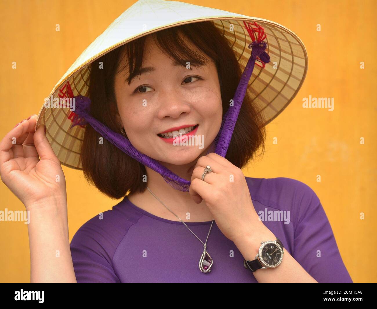 Schöne junge vietnamesische Frau mit asiatischen konischen Hut (Paddy Hut, National Hut) posiert für die Kamera. Stockfoto