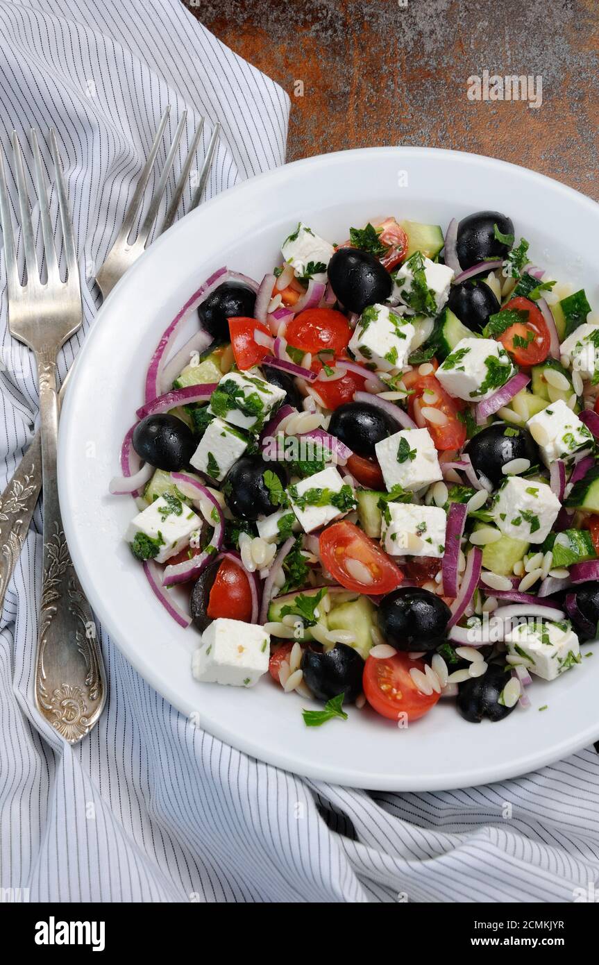 Griechischer Salat orzo Pasta mit schwarzer Olive, roter Zwiebel und Gurke, Kirschtomaten, Feta und Kräutern. Ve Stockfoto