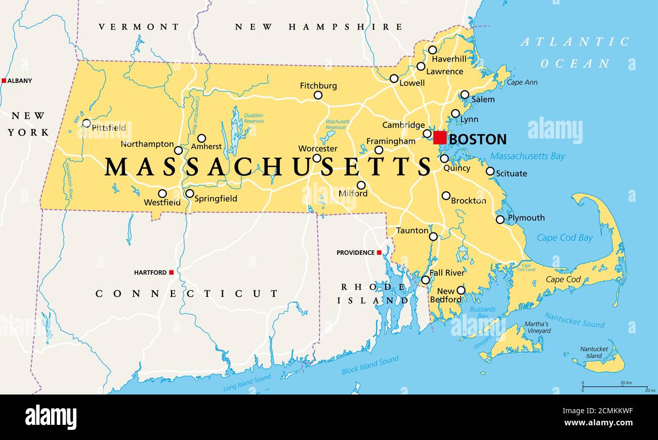 Massachusetts, politische Karte mit Hauptstadt Boston. Commonwealth of Massachusetts, MA. Bevölkerungsreichste Staat in der Region New England der Vereinigten Staaten. Stockfoto