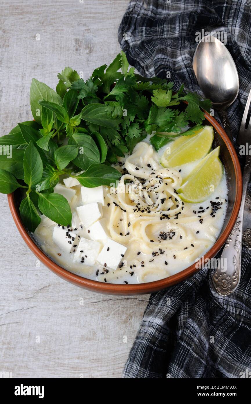 Reis-Suppe mit Nudeln und aromatisiert mit Zitronengras (Basilikum), Koriander, Sesam Tofu. Stockfoto