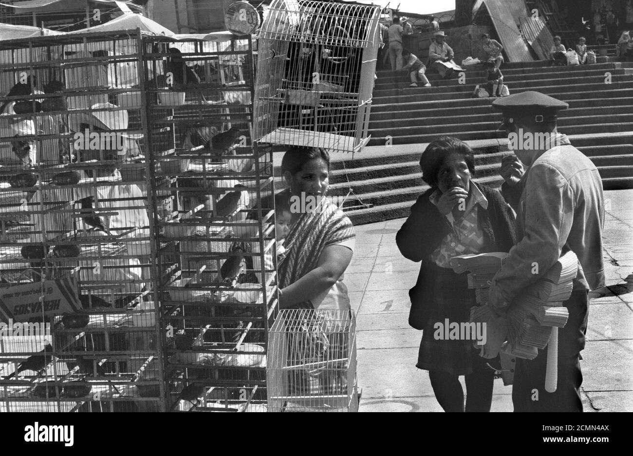 Mexiko-Stadt 70er Jahre Frau verkauft wilde Singvögel außerhalb der Hauptbahnhof 1973 HOMER SYKES Stockfoto
