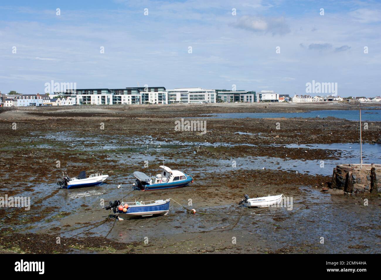 Kanalinseln. Guernsey. St. Peter Port. Admiral Park mit La Salerie Hafenbooten und Belle Greve Bay bei Ebbe. Stockfoto