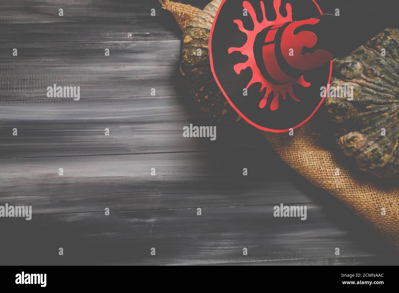 Draufsicht auf den Halloween Tag. Halloween Kürbis Hintergrund mit einem schwarzen Hexenhut Papier. Festliche Konzepte. Platz für Text kopieren. Stockfoto