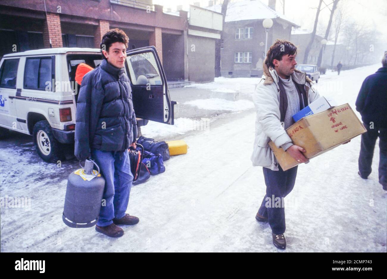 Der Friedenskonvoi, die Humanitätsaktion des französischen Vereins Equilibre, um Lieferungen an die belagerte Bevölkerung von Sarajevo, Bosnien, ehemalige Jugoslawien, Mitteleuropa zu liefern Stockfoto