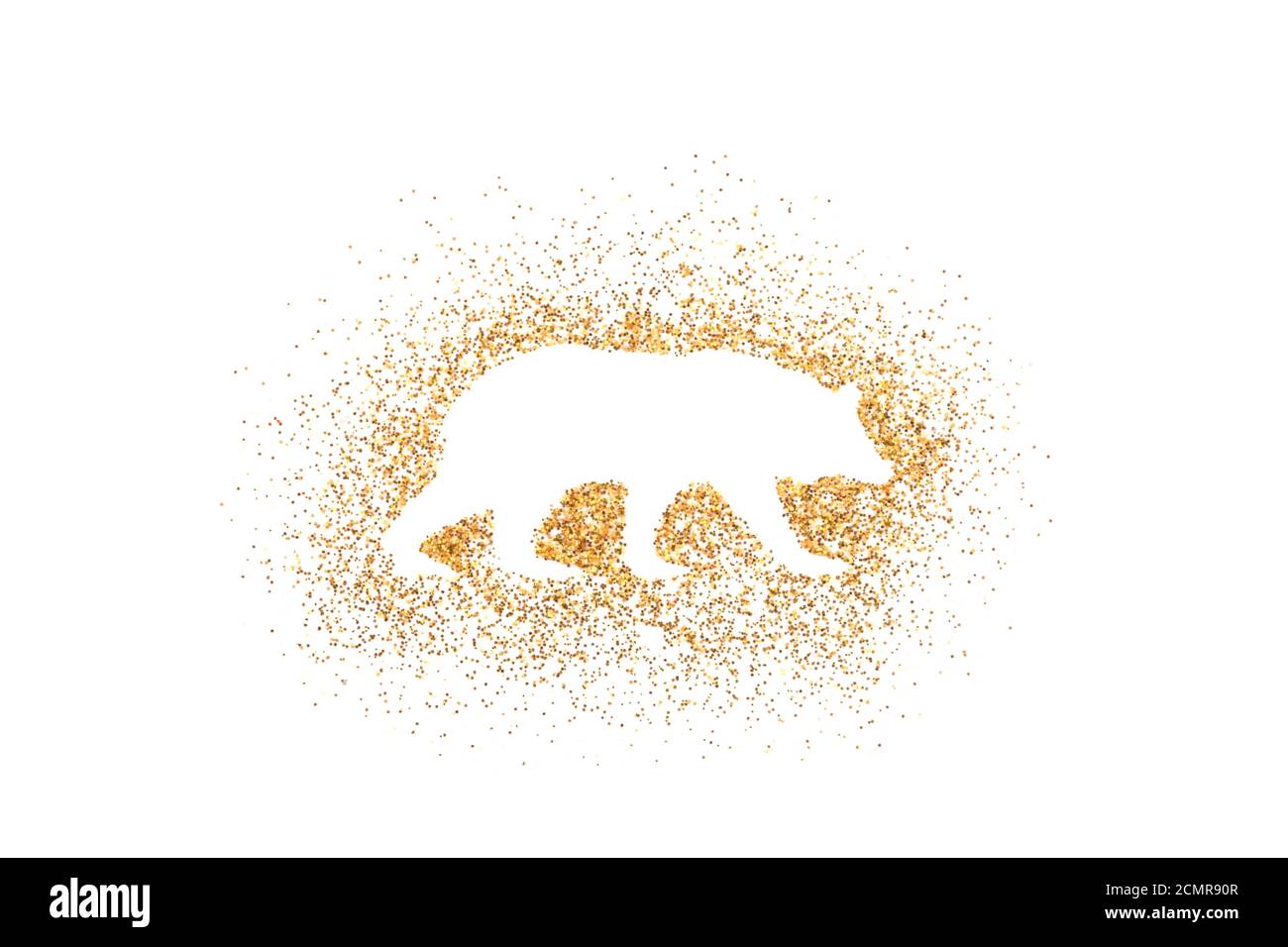 Bärenform auf goldenem Glitzer auf weißem Hintergrund Stockfoto