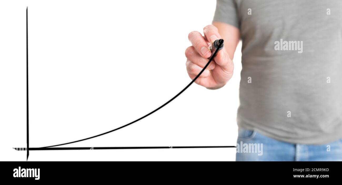 Mann in Freizeitkleidung Zeichnung exponentielle Kurve, Business-Erfolg-Konzept Stockfoto