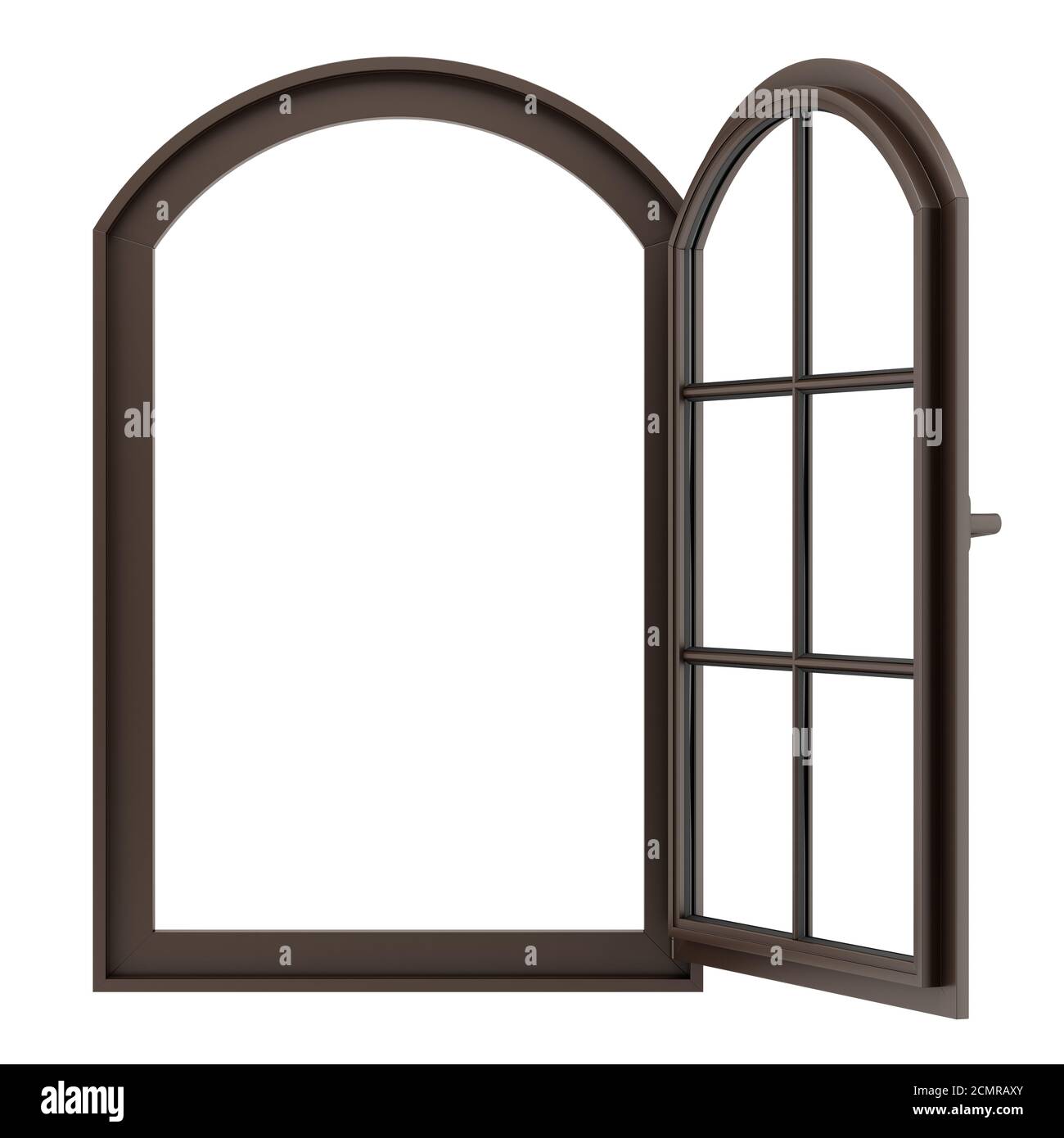 Offene Holz- Fenster auf weißem Hintergrund Stockfoto