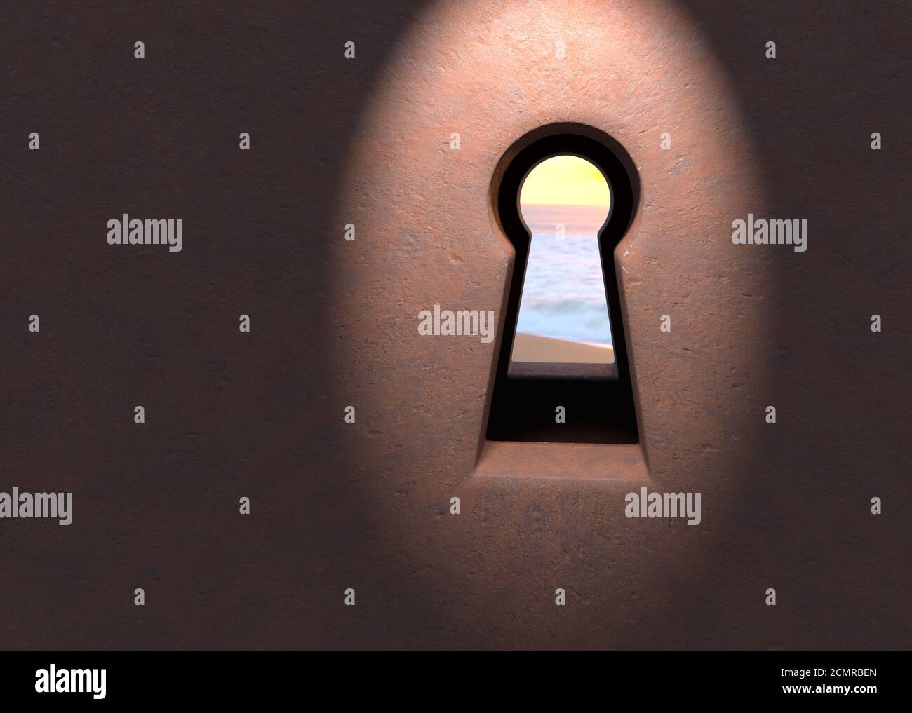 See Thru Schlüsselloch in verrostete Tür mit Licht 3D-Darstellung Stockfoto