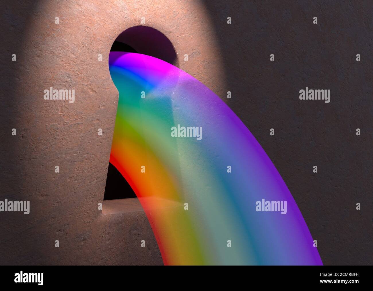 Regenbogen durch Schlüsselloch in verrostete Tür mit Licht 3d-Abbildung Stockfoto