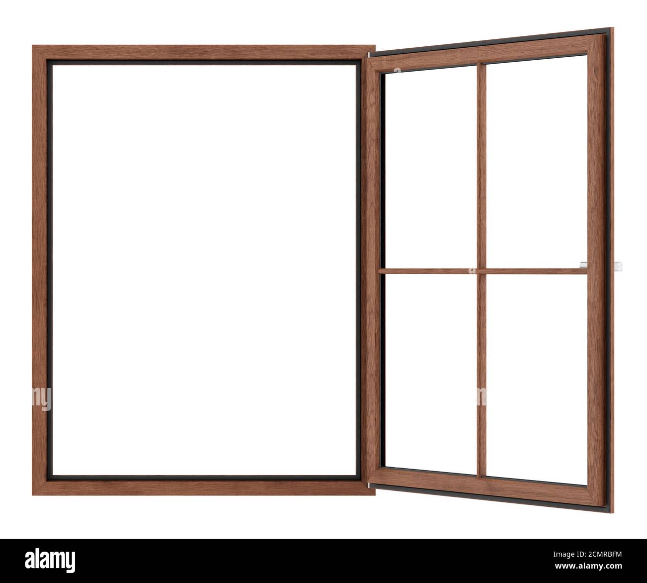 Offene Holz- Fenster auf weißem Hintergrund Stockfoto