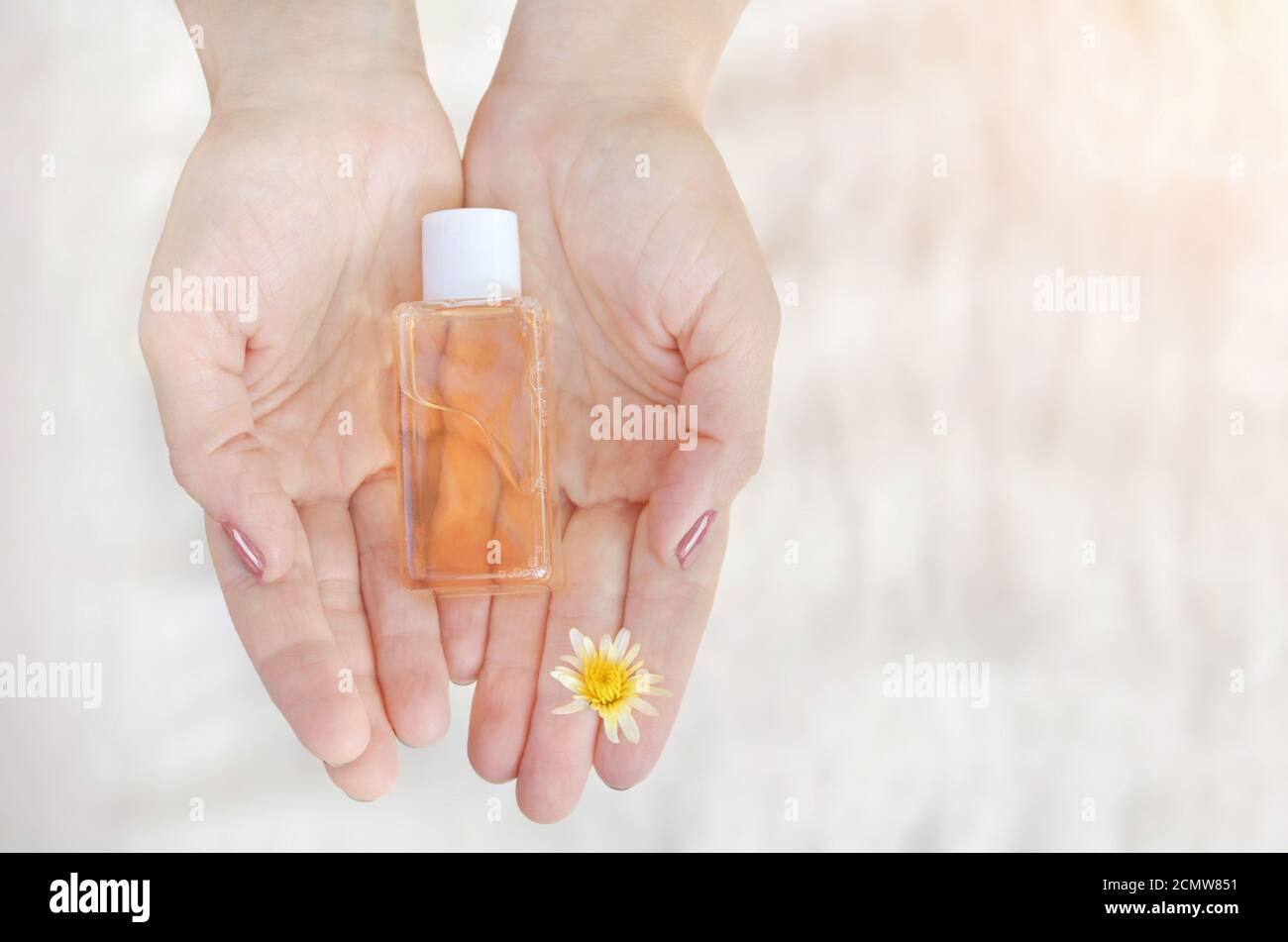 Die Hände der Frauen halten eine kleine Flasche Naturkosmetik auf einem hellen Hintergrund. Kosmetisches Produkt auf Basis natürlicher pflanzlicher Komponenten. Stockfoto