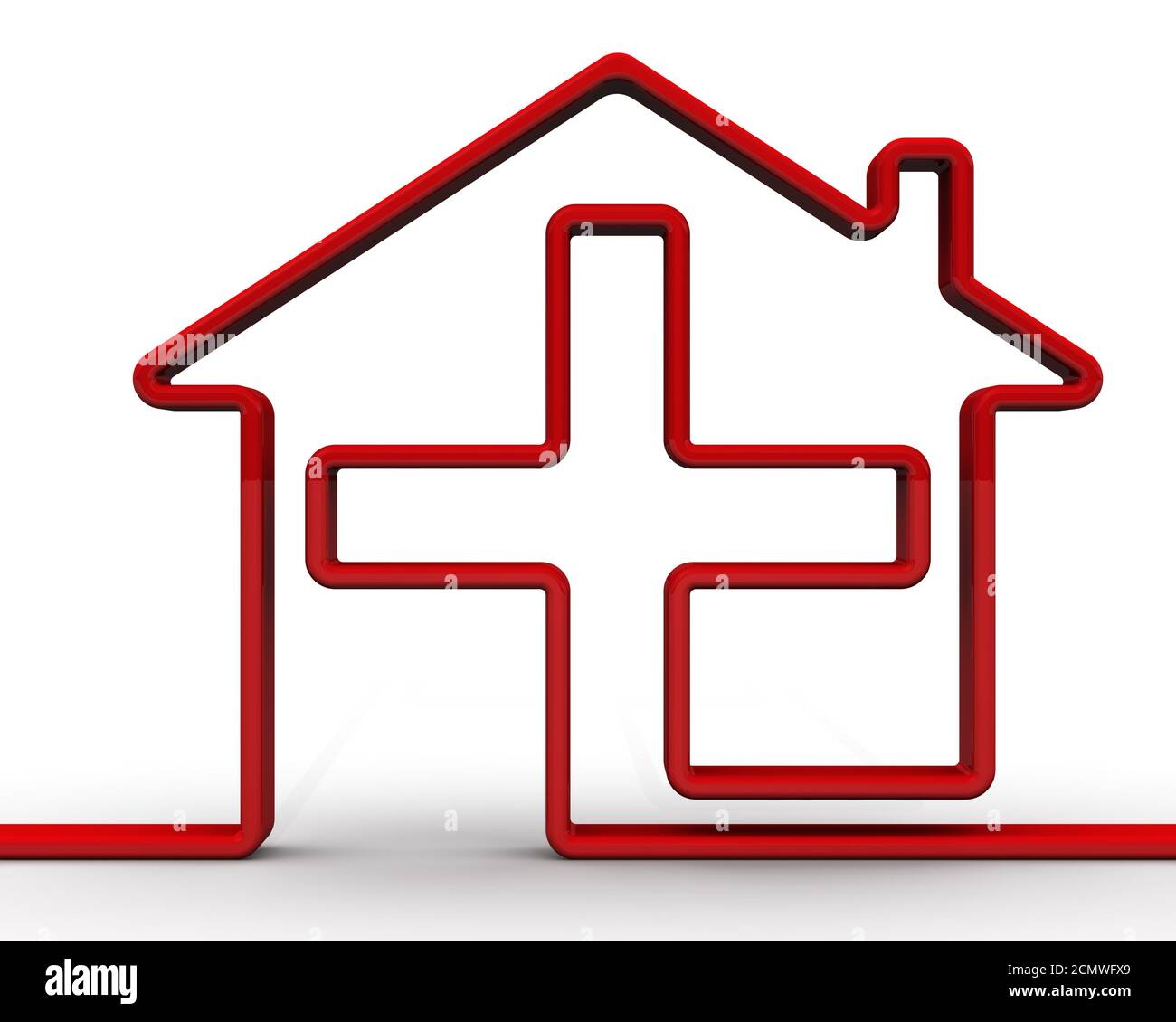 Symbol des Hauses mit einem medizinischen Kreuz. Rotes Symbol des Hauses mit einem medizinischen Kreuz. Symbol Krankenhäuser und Apotheken. Isoliert. 3D-Illustration Stockfoto