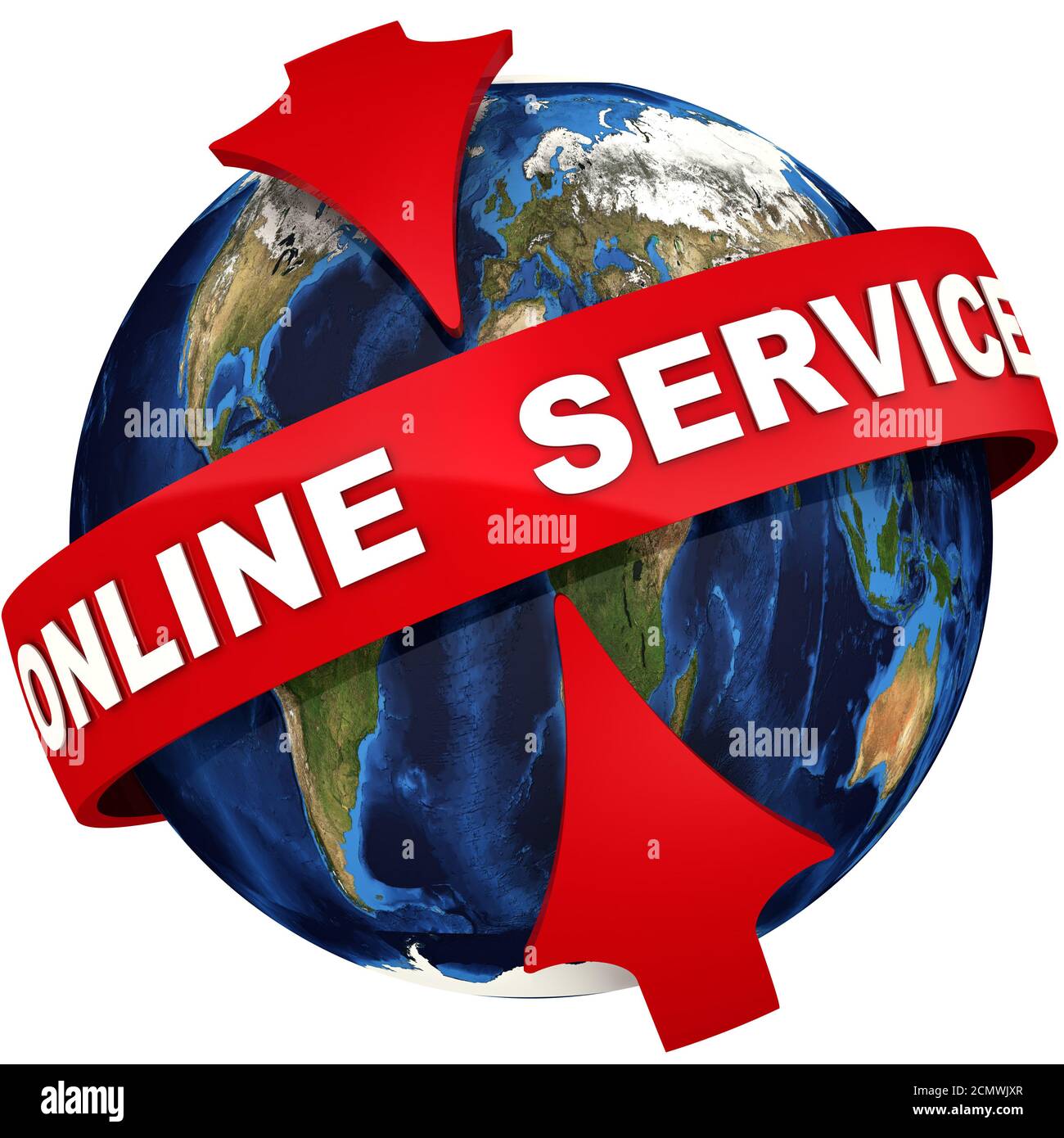 Online-Service. Rote Pfeile betonen weißen Text ONLINE-SERVICE auf dem Hintergrund der Welt. 3D-Illustration Stockfoto