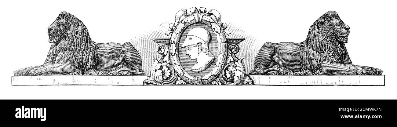 Vintage Decorative Lions Bookends Guarding a Portrait of a Young Woman, English Victorian Engraving, 1875 Stockfoto