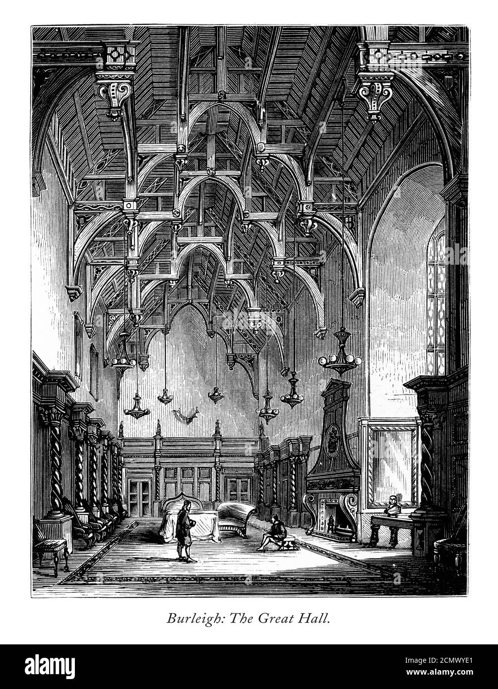 Vintage, English Victorian Engraving, Burleigh Hall, The Great Hall, Leicestershire, England, 1875 Stockfoto