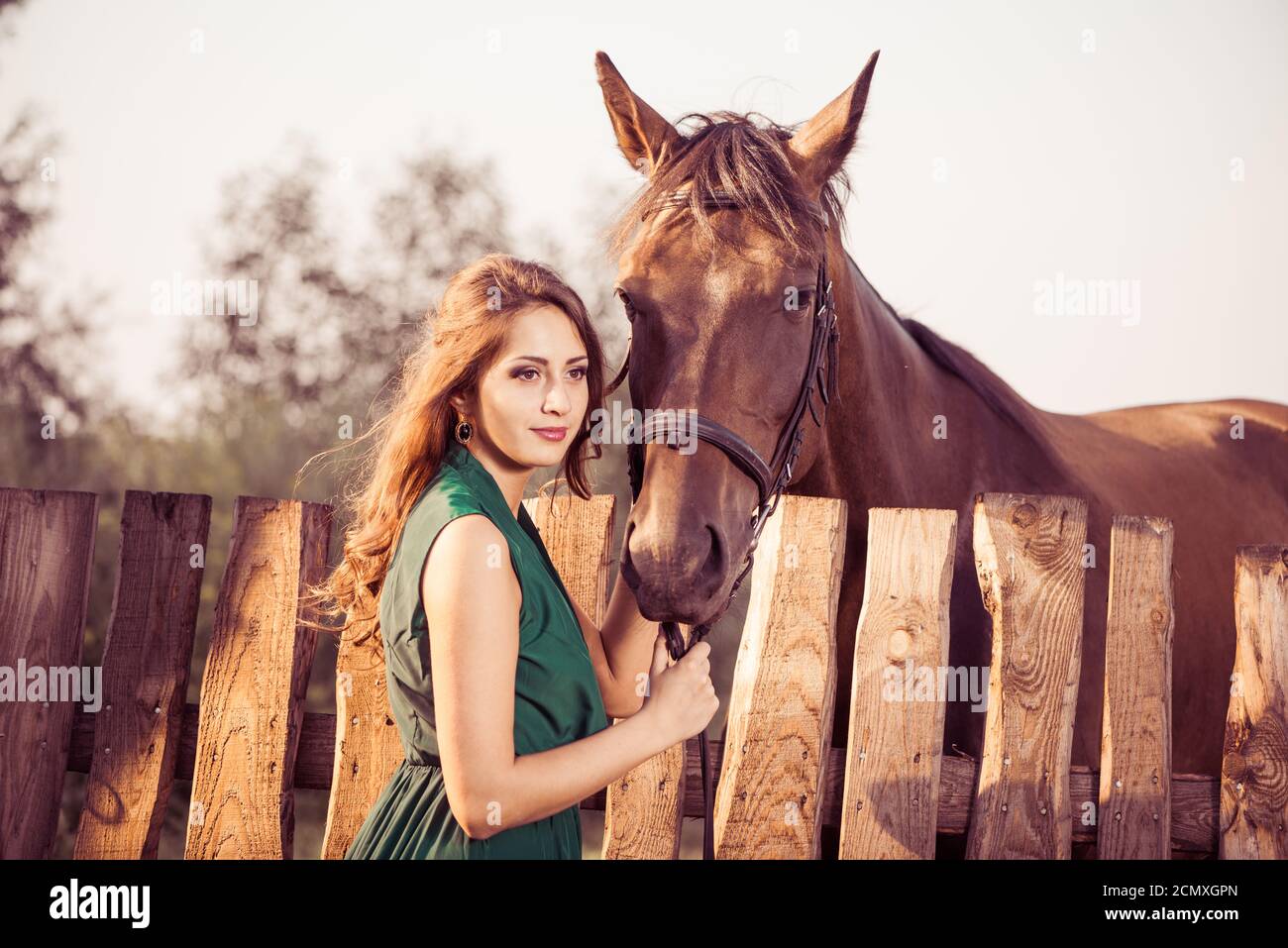 Schöne Dame in grünem Kleid mit braunem Pferd im Alter Holzzaun Stockfoto