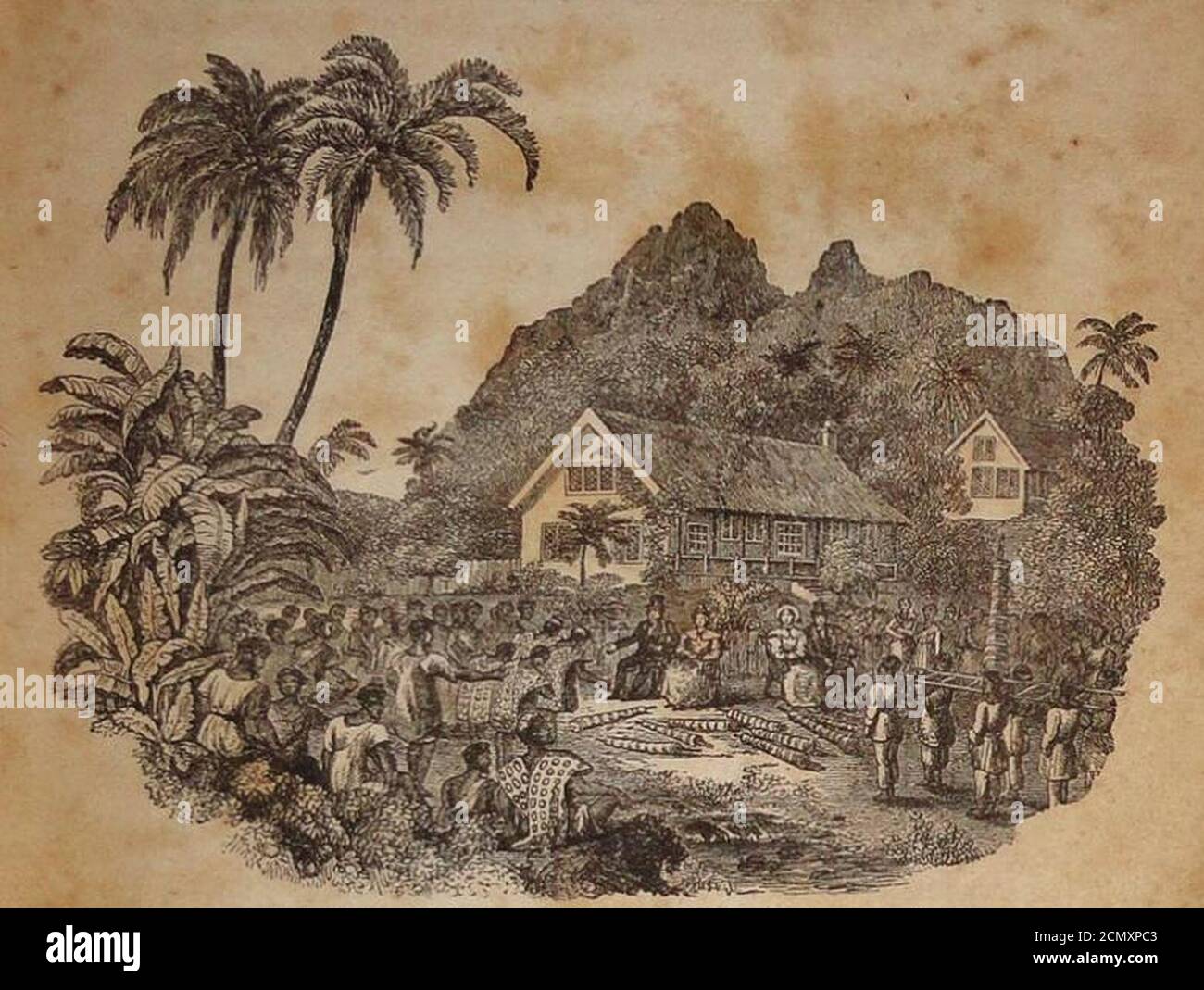 John Williams besucht Rarotonga 6. Mai 1827 Holzstich von G. Baxter. Erste amerikanische Ausgabe 18344103007 (beschnitten). Stockfoto
