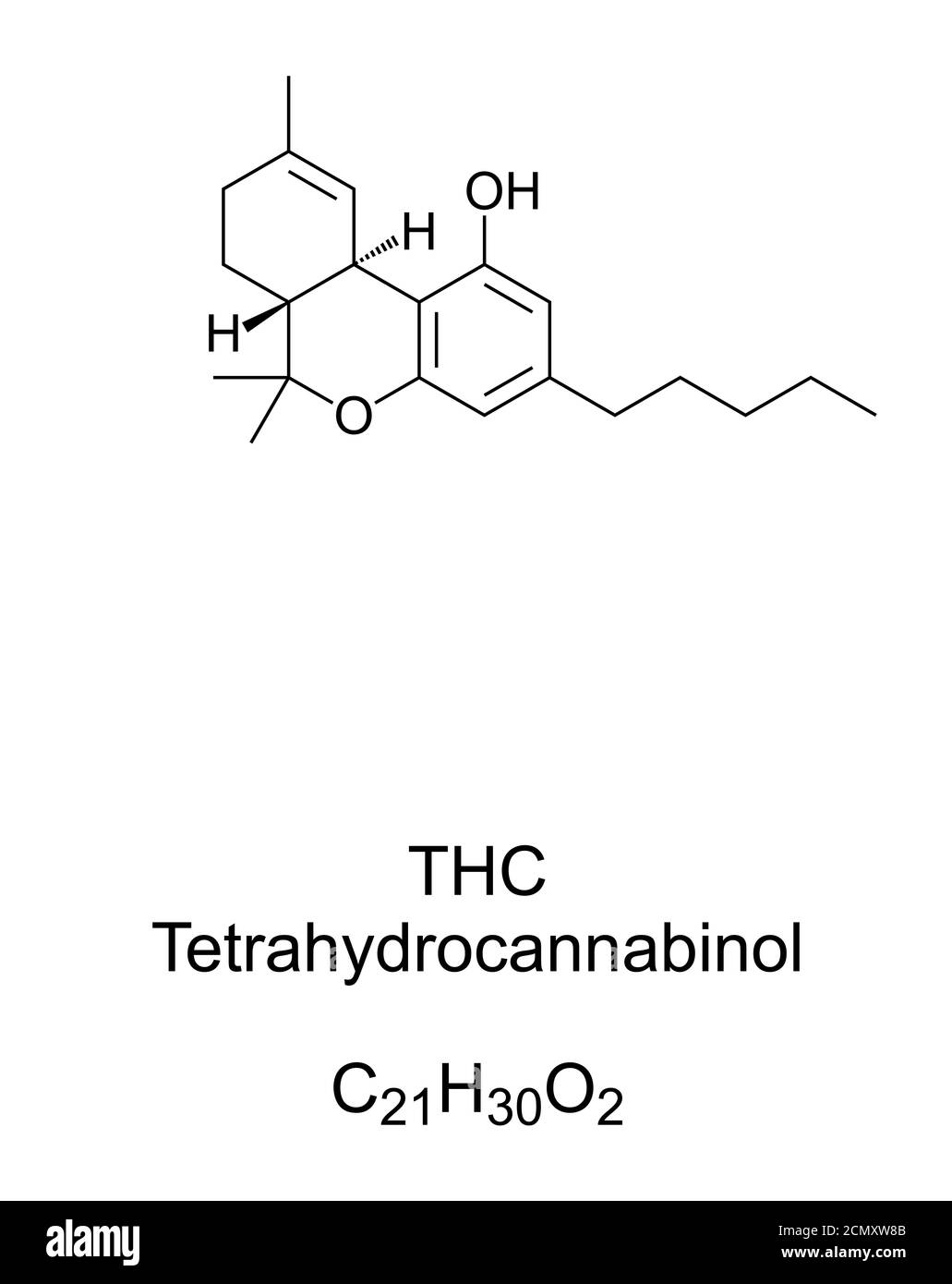 THC, Tetrahydrocannabinol, chemische Struktur. Dronabinol, ein Isomer von THC und der wichtigste und aktivste psychoaktive Bestandteil, der in Cannabis gefunden wird. Stockfoto