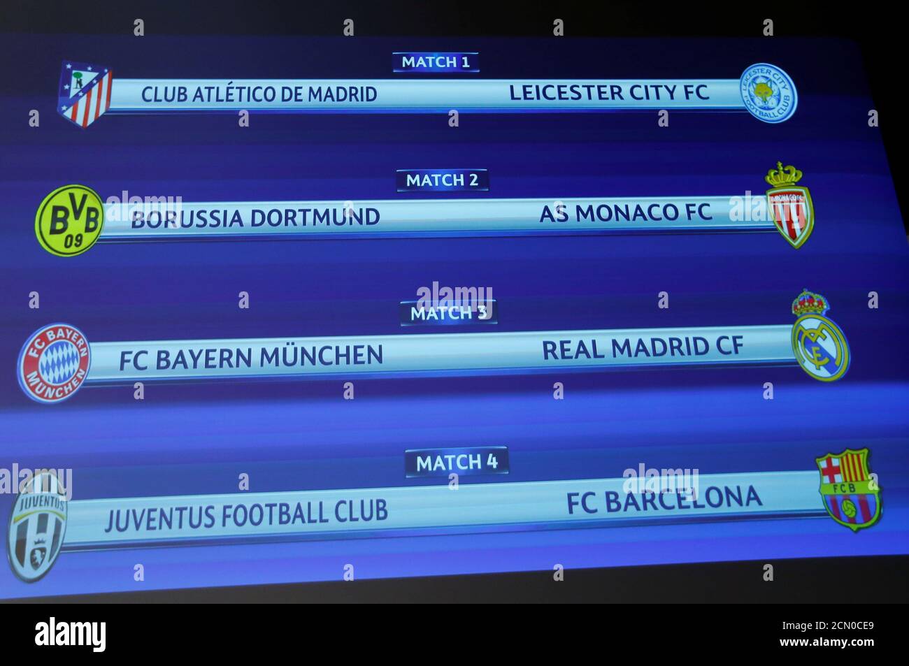 Ein Bildschirm zeigt die Reihenfolge der Auslosung der UEFA Champions League-Viertelfinale  in Nyon, Schweiz 17. März 2017. REUTERS/Denis Balibouse Stockfotografie -  Alamy