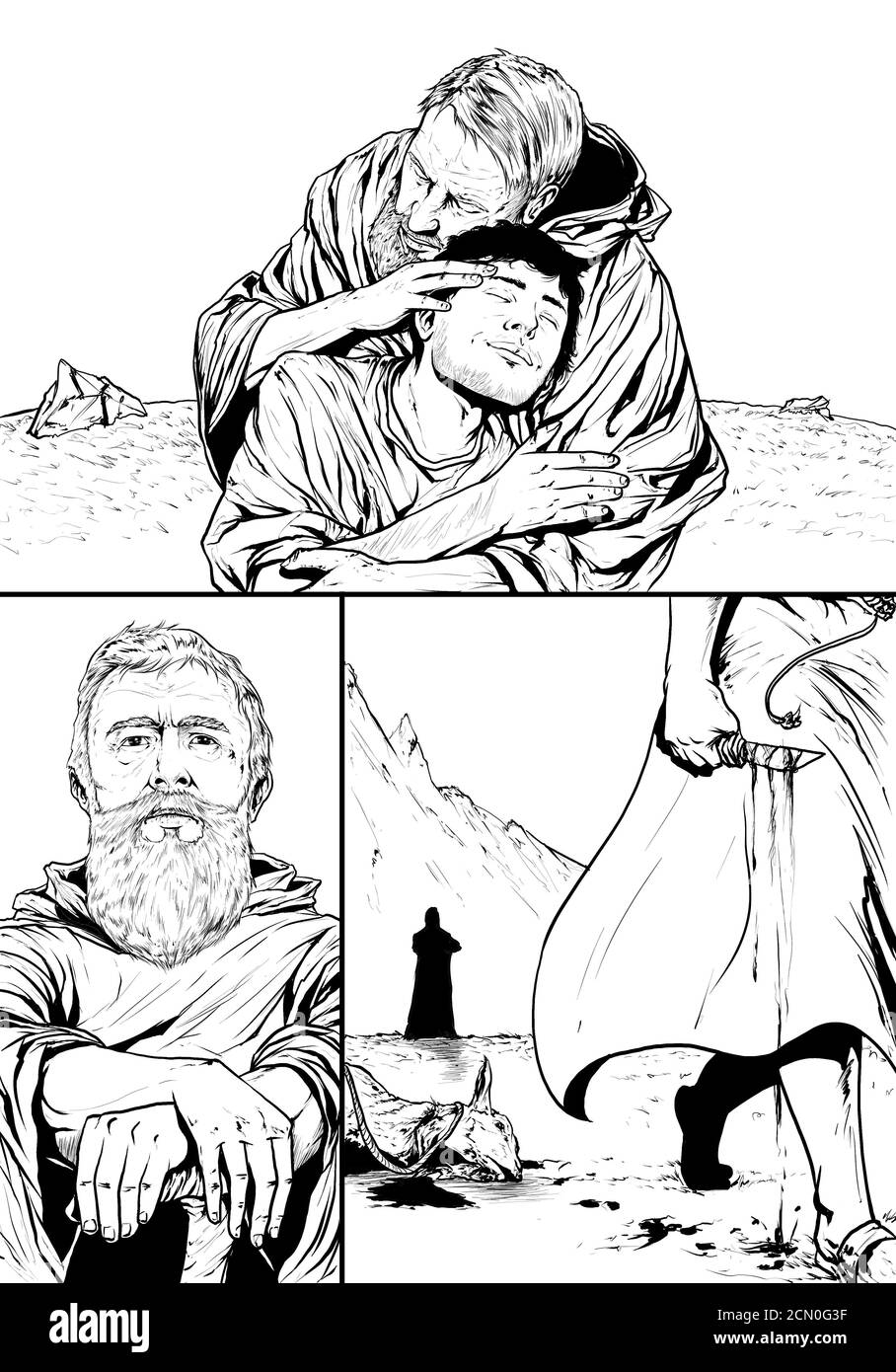 Nach dem Opfer umarmte Abraham Isaak Stockfoto