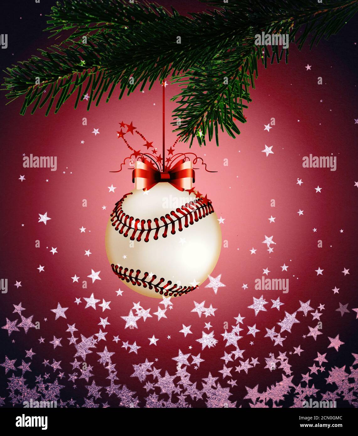 Baseball, Sport-Weihnachtskarte mit festlichen Dekorationen auf rotem Hintergrund. Stockfoto